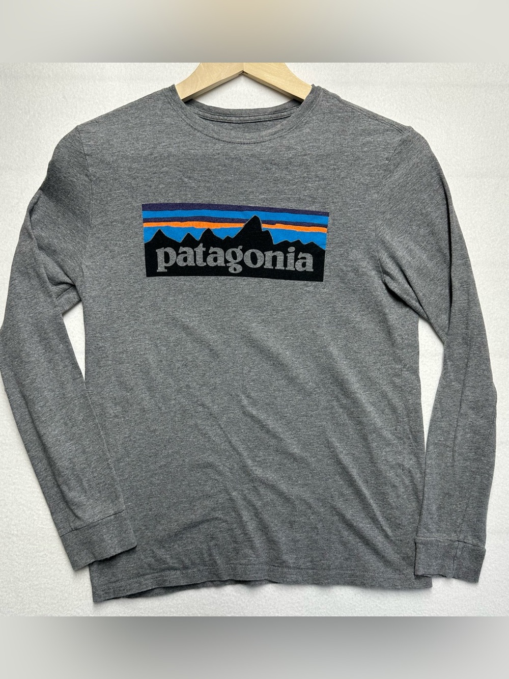 Patagonia Kids Gray Long Sleeve Tee with Blue & Orange Logo